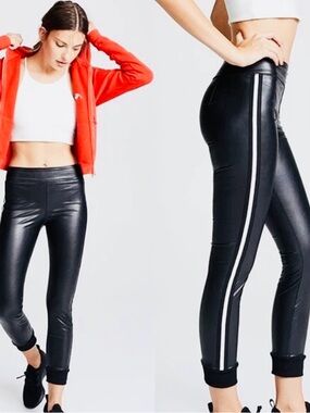 David Lerner Kiely Faux  Black Leather Track Leggings Stripe Jogger Pants M